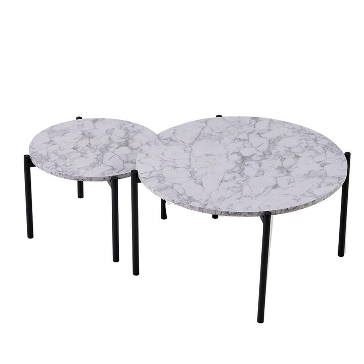 2 Piece Nesting Coffee Table Set, Modern Gray White Faux Marble Round Top - Benzara