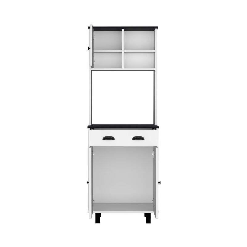 DEPOT E-SHOP Kitchen Pantry 67" H, Two Cabinets, Three Doors, Two Open Shelves, One Drawer, Microwave Storage Option, White/Black