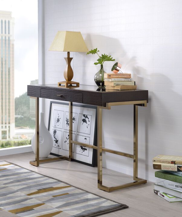 ACME Boice Writing Desk, Espresso Synthetic Leather & Champagne