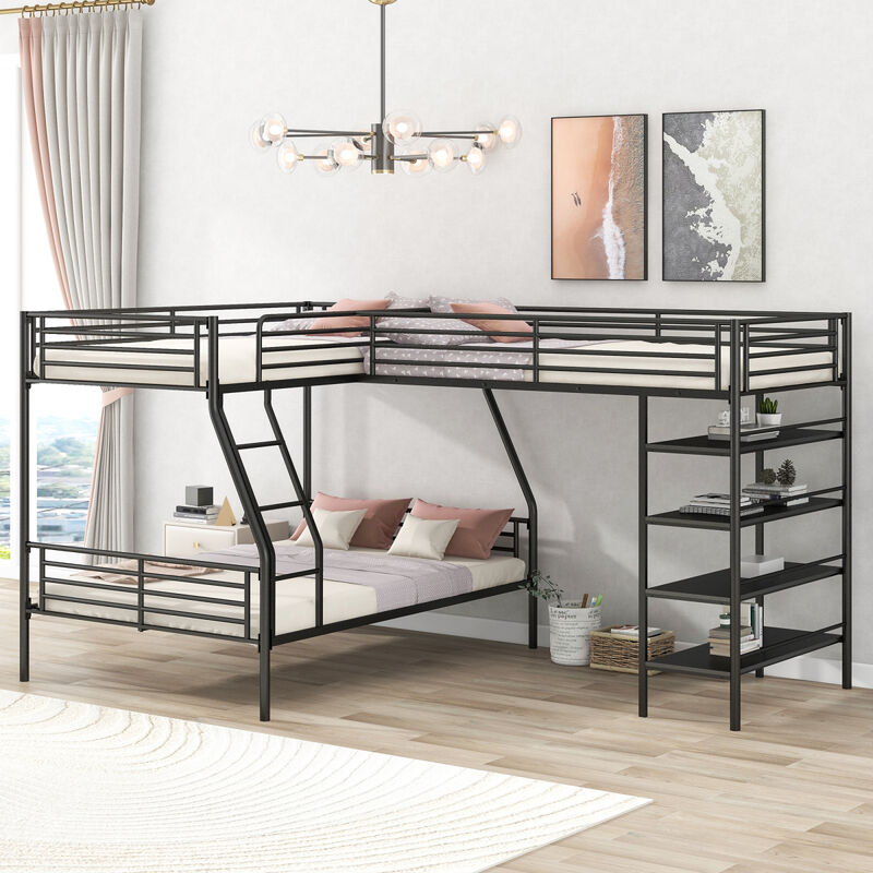 L-Shaped Metal Twin Over Full Bunk Bed And Twin Size Loft Bed With Four Built-In Shelves