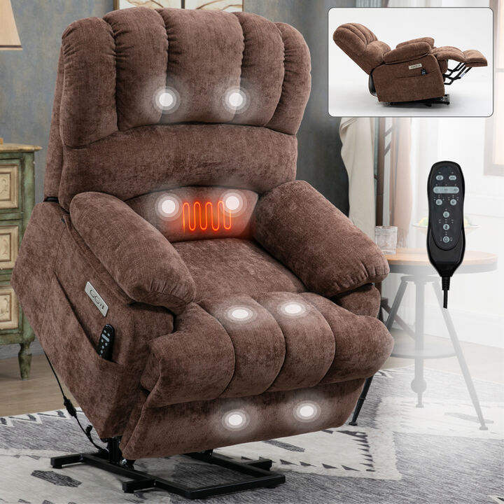 23" Seat Width and High Back Large Size Chenille Power Lift Recliner Chair with 8-Point Vibration Massage and Lumbar Heating, Brown