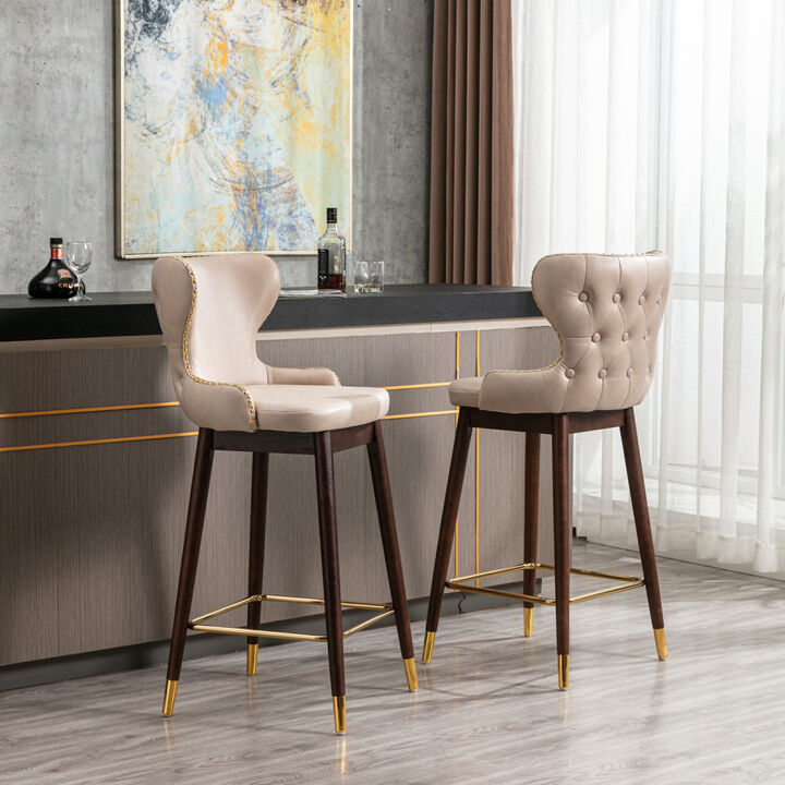 29.9" Modern Leathaire Fabric bar chairs, Tufted Gold Nailhead Trim Gold Decoration Bar stools, Set of 2 (Beige)
