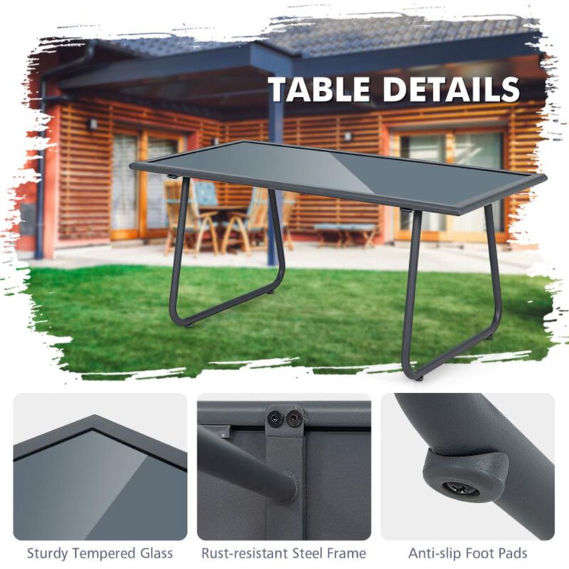 Hivvago 4 Pieces of Metal Patio Furniture Chat Set with Tempered Glass Coffee Table