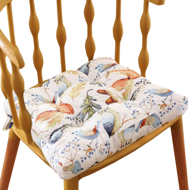 18 x 18 Microfiber Chair Pad Cushions, Owls, Autumn Leaves, Set of 4, White - Benzara
