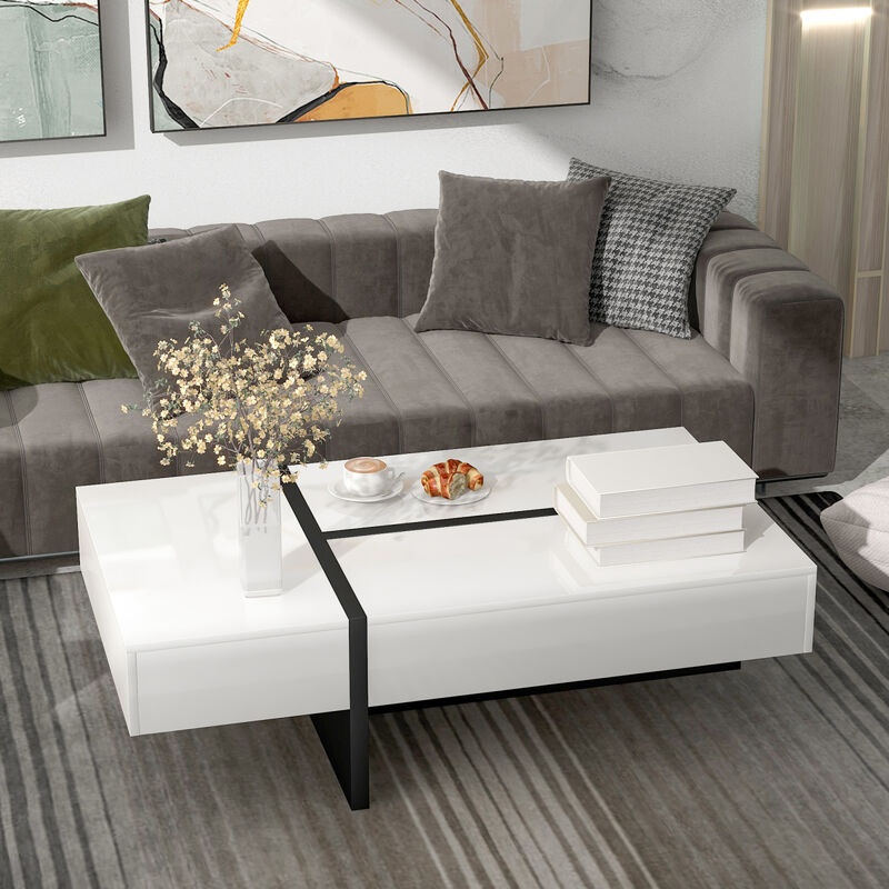 Contemporary Rectangle Design Living Room Furniture, Modern High Gloss Surface Cocktail Table, Center Table for Sofa or Upholstered Chairs, 45.2x25.5x13.7in