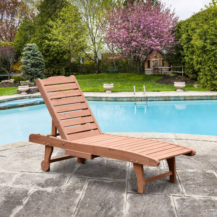 Poolside Lounger: Red Wood Look Chaise with Adjustable Back and Tray