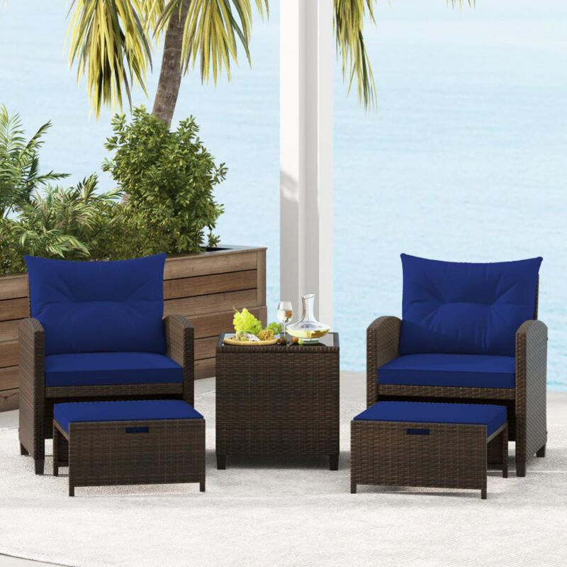 Hivvago 5 Pieces Patio Rattan Furniture with 2 Ottomans and Tempered Glass Coffee Table