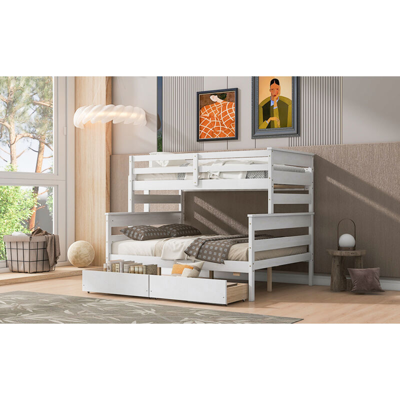 Wood Twin over Full Bunk Bed with 2 Drawers, White