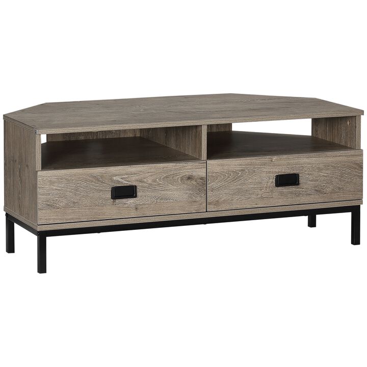 Corner TV Stand for TV up to 46", Entertainment Center with Open Storage and Drawers, TV Table with Steel Legs, Grey