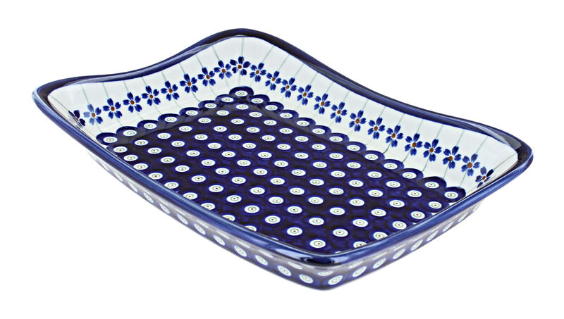 Blue Rose Polish Pottery Peacock Large Rectangular Tray