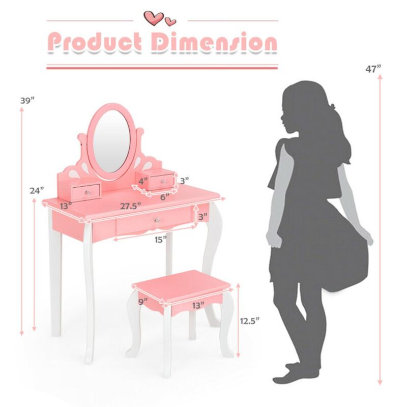 Kids Vanity Princess Makeup Dressing Table Stool Set with Mirror and Drawer