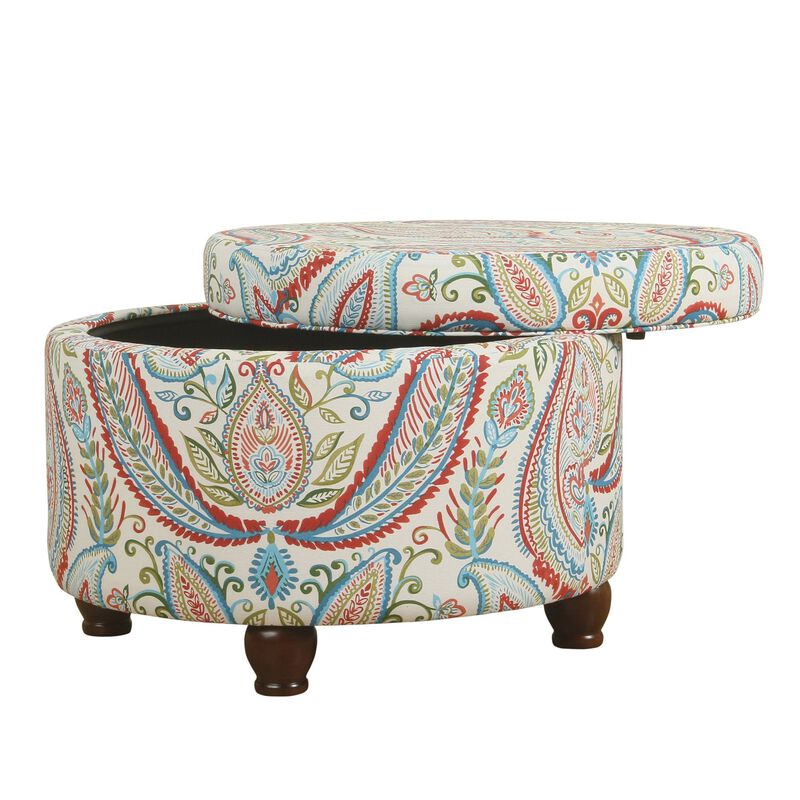 Paisley Pattern Fabric Upholstered Wooden Ottoman with Hidden Storage, Multicolor - Benzara