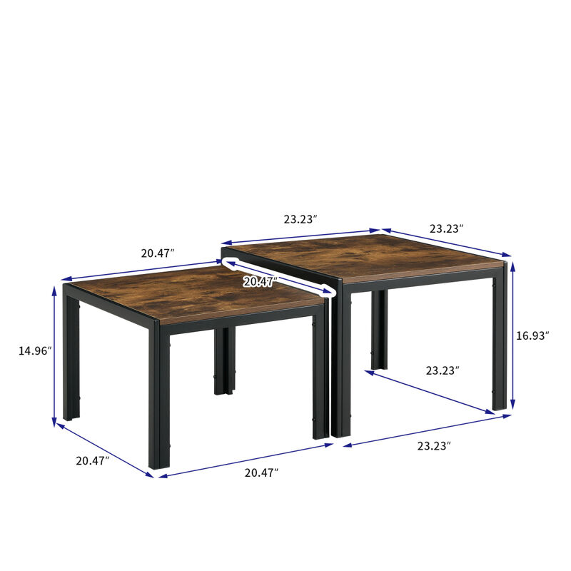 Nesting Coffee Table Set of 2, Square Modern Stacking Table with Wood Finish for Living Room,Rustic Brown