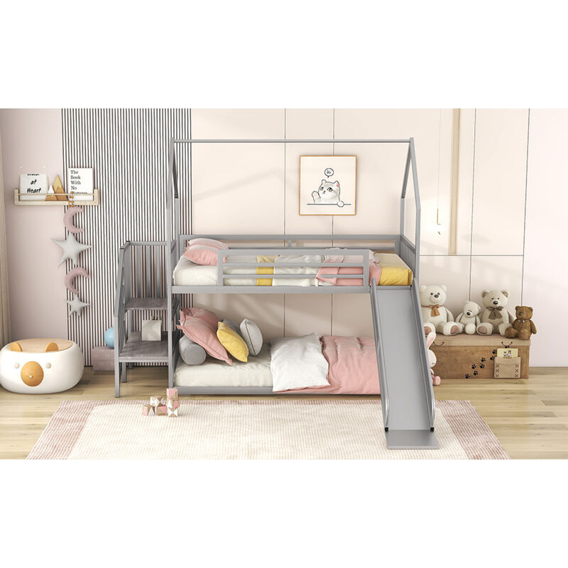 Twin over Twin Metal Bunk Bed House Bed with Slide and Staircase, Silver