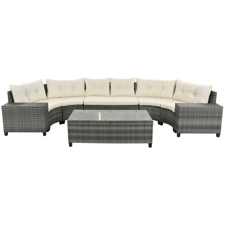 Merax 8-pieces Outdoor Wicker Round Sofa Set，Curved Sofa Set With Rectangular Coffee Table