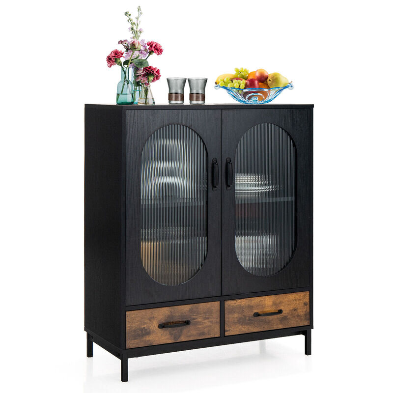 Kitchen Industrial Buffet Sideboard with Tempered Glass Doors-Black