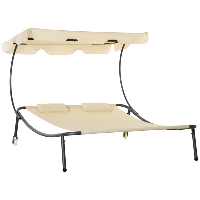 Beige Garden Lounger: Double Chaise with Adjustable Canopy