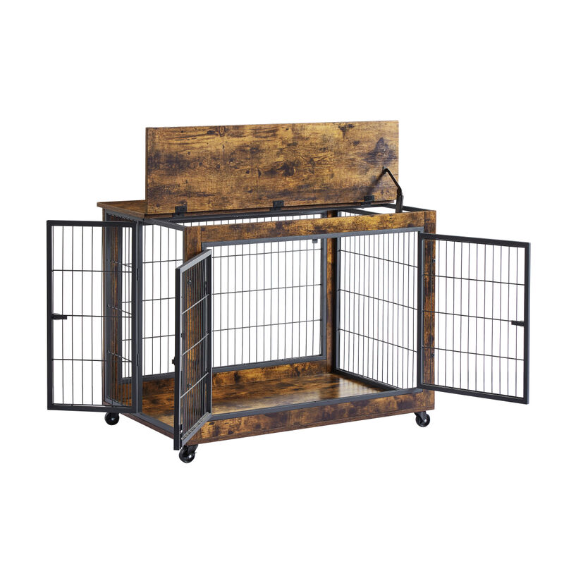 Furniture Dog Cage Crate with Double Doors, Rustic Brown, 38.58" W x 25.2" D x 27.17" H