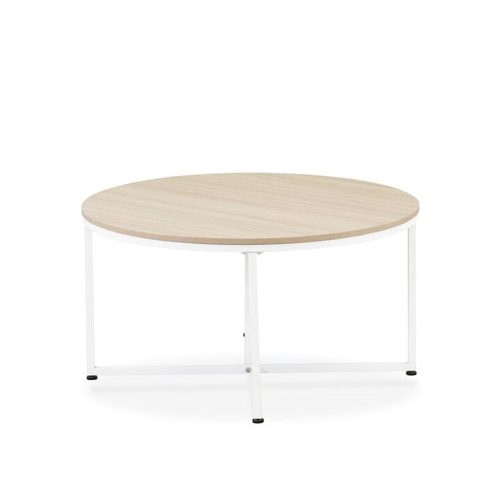 Madison Round Coffee Table for Living Room, Mid Century Modern Coffee Table in Powder Coating White Color and White Wood Laminate