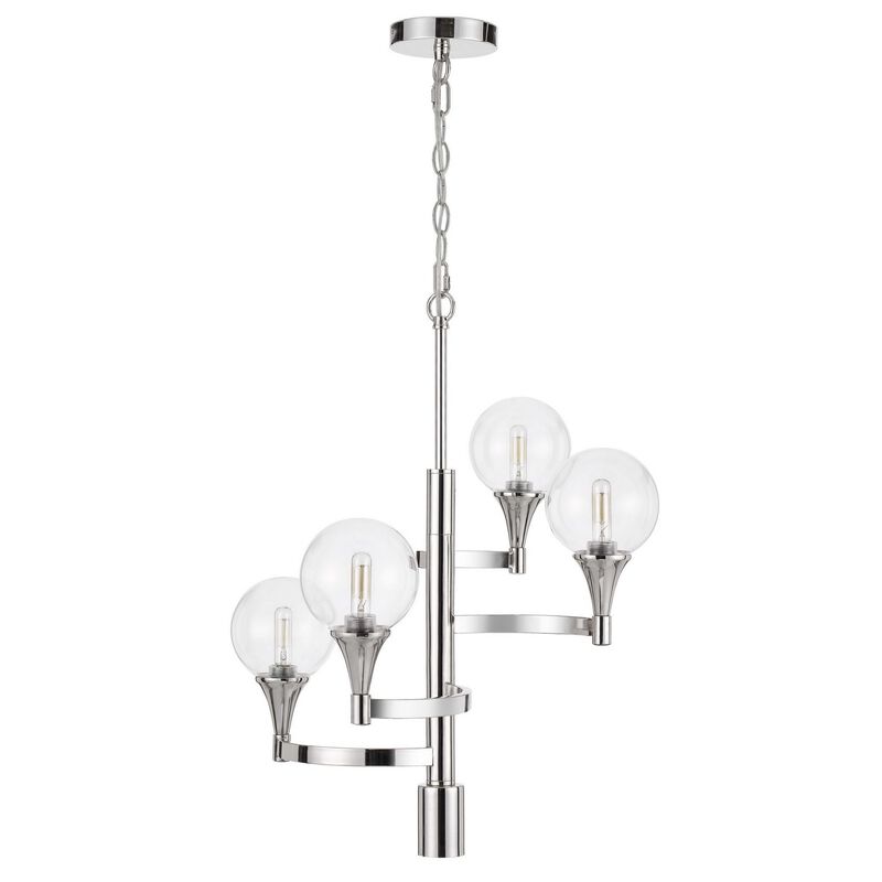 Chandelier with 4 Globe Glass Shades and Cone Design Holders, Chrome-Benzara