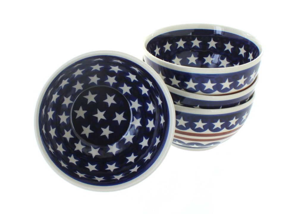 Blue Rose Polish Pottery Stars & Stripes 4 Piece Dessert Bowl Set