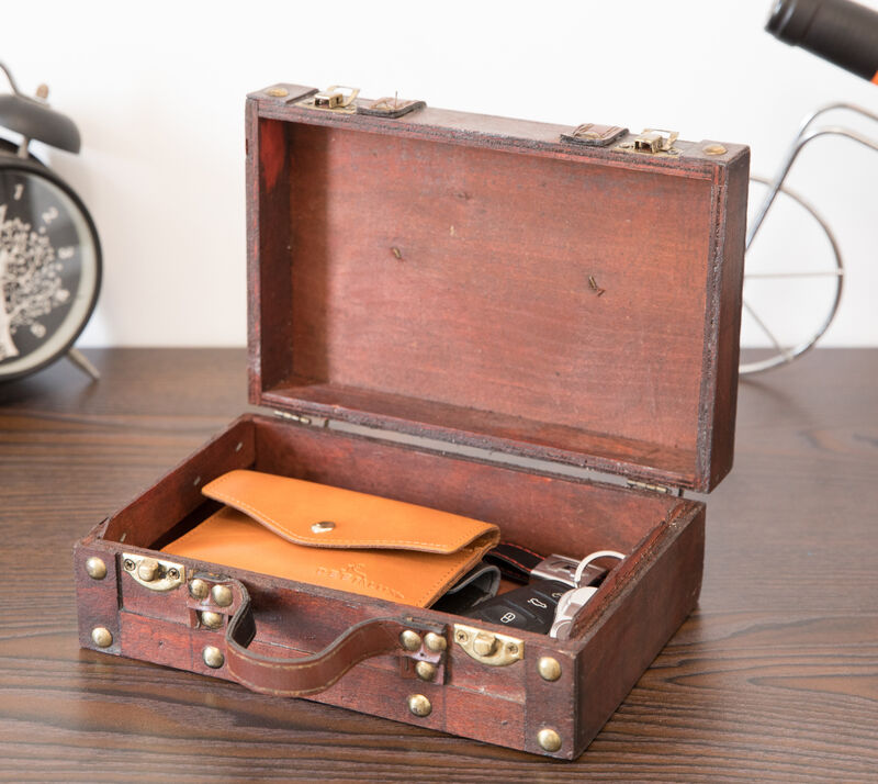 Antique Style Small Wooden Suitcase With Leather Straps and Handle