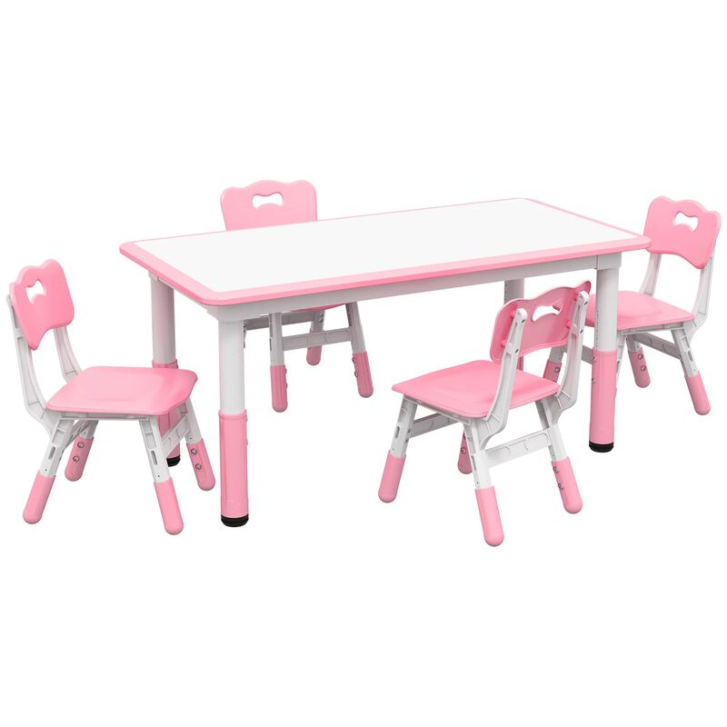 Kids Table and Chair Set with 4 Chairs, Adjustable Height, Easy to Clean Table Surface, for 1.5 - 5 Years Old, Pink