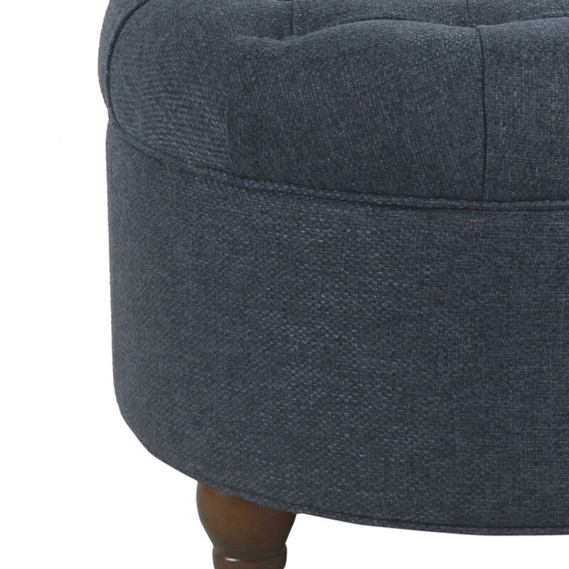 Fabric Upholstered Wooden Ottoman with Tufted Lift Off Lid Storage, Navy Blue - Benzara