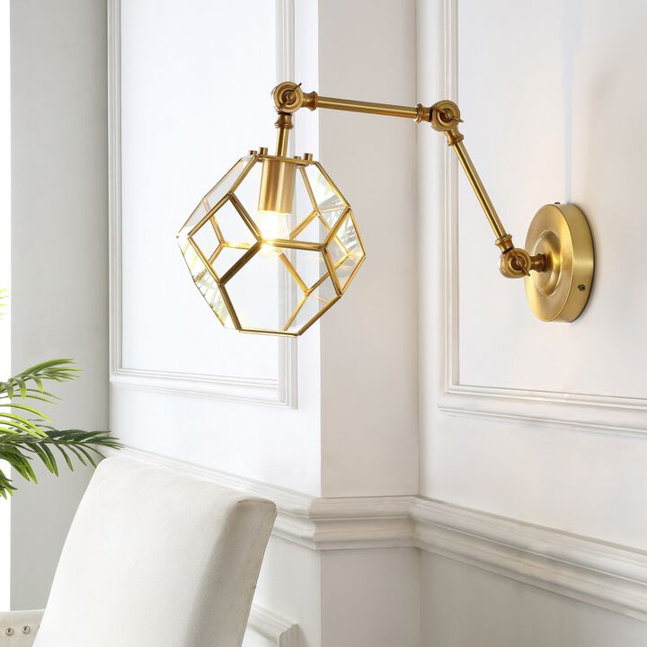 Honeycomb 7.5" 1-Light Modern Contemporary Arm-Adjustable Iron/Glass LED Sconce, Brass Gold/Clear