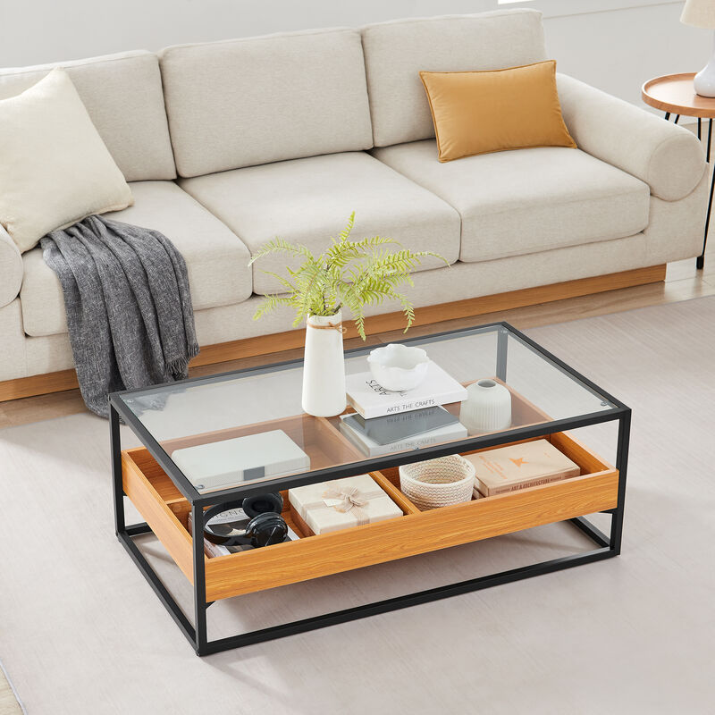 Saarinen Two-Level Modern Sunken Glass Display Shelf Rectangle Low Coffee Table