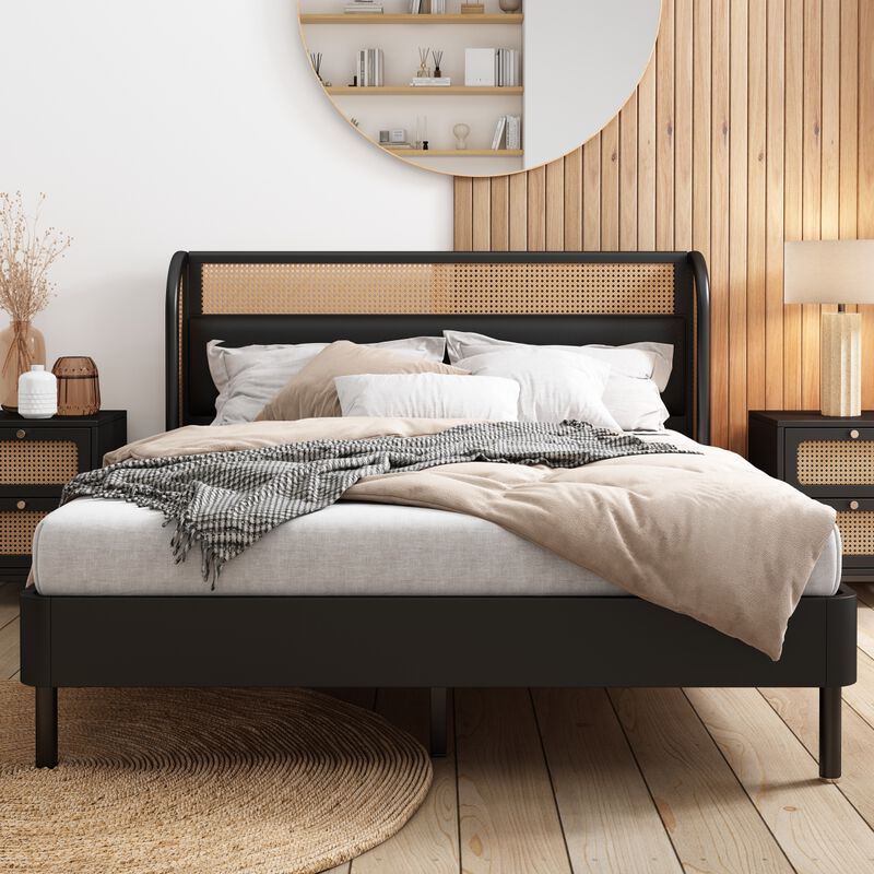 Modern Rattan Wood Platform Queen Bed