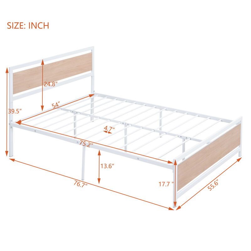 Full Size Platform Bed, Metal and Wood Bed Frame with Headboard and Footboard, White