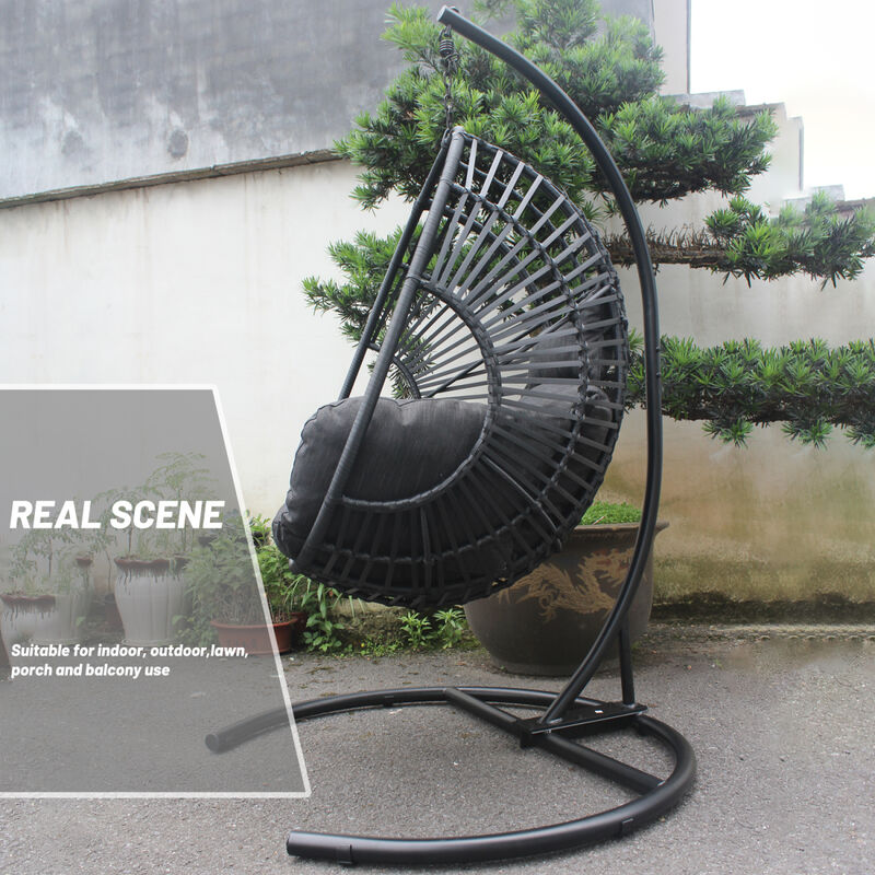 High Quality Outdoor Indoor Black color PE Wicker Swing Egg chair with Anthracite Color Cushion And Black Color Base