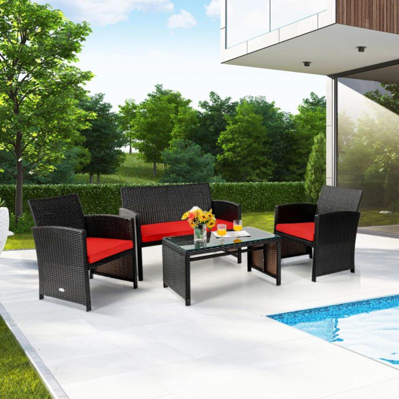 Hivvago 4 Pieces Patio Rattan Cushioned Furniture Set