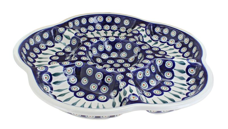 Blue Rose Polish Pottery Mosaic Flower Chip & Dip Tray