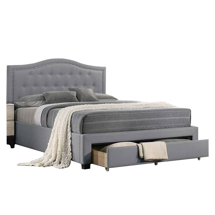 Buk Upholstered Tufted Queen Bed with Storage, Nailhead Trim, Gray Burlap  - Benzara