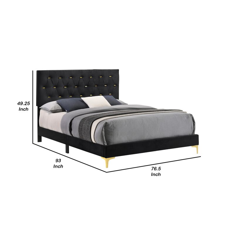 Lif Platform California King Size Bed, Tufted Headboard, Gold, Black Velvet-Benzara