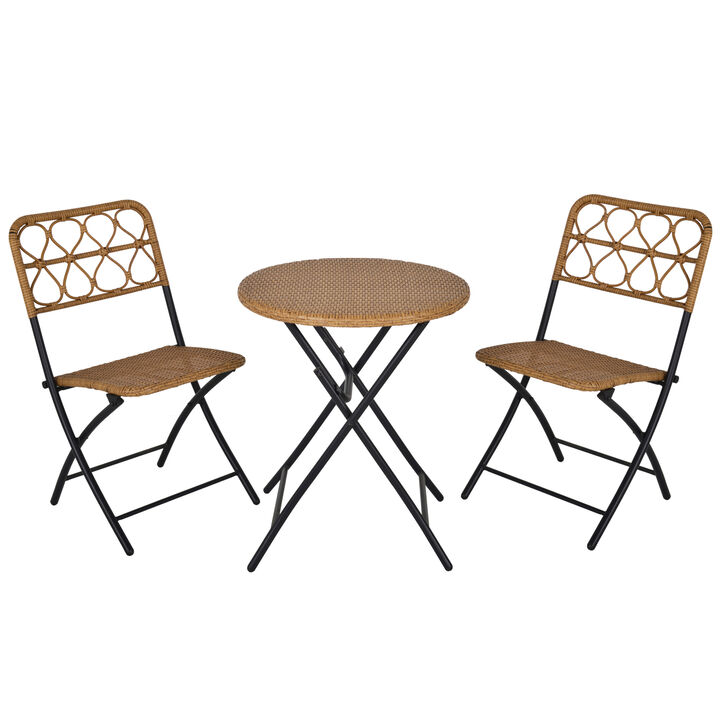 Outsunny 3 PCS Rattan Wicker Bistro Set with Easy Folding, Hand Woven Rattan Coffee Table and Chairs for Outdoor Lawn, Pool, Balcony & Garden, Natural