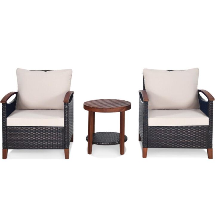 Hivvago 3 Pieces Patio Wicker Furniture Set with Washable Cushion and Acacia Wood Tabletop