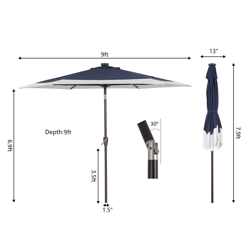 Spencer Classic Coastal 2-Tone Solar LED Market Patio Umbrella with 12 LED Strip Lights, Auto-Tilt, Crank and UV Protection