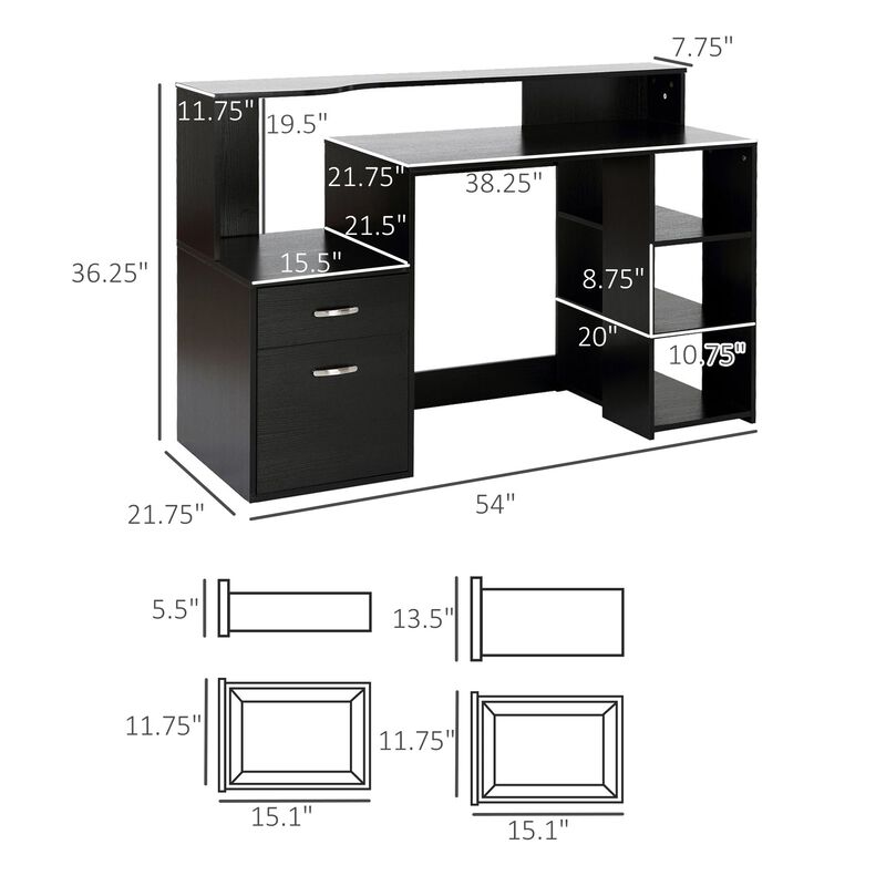 Efficient Corner Desk: 54" L-Shaped Black Workstation with Shelves & Drawers