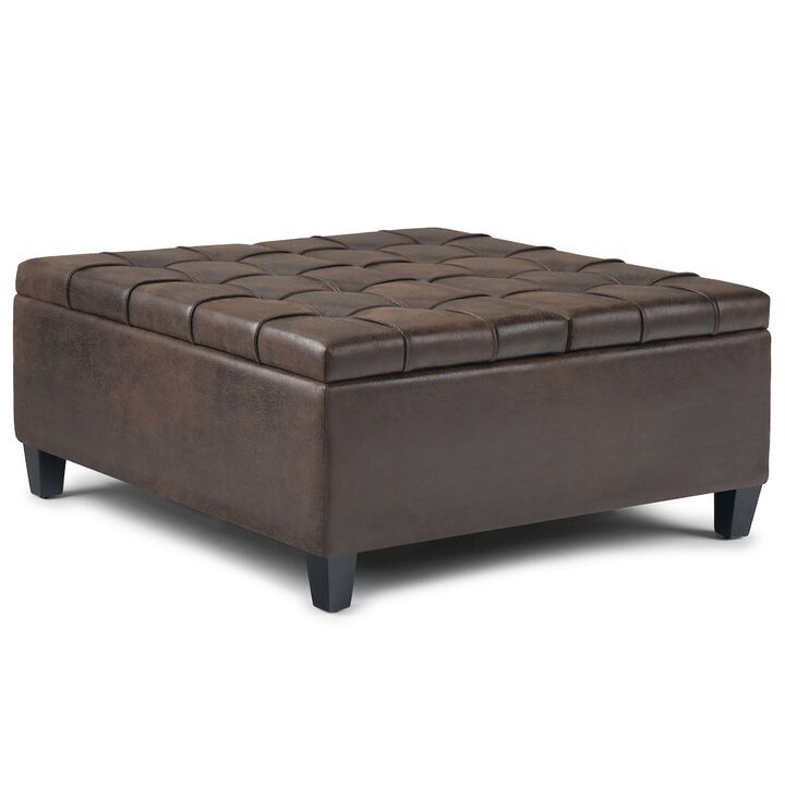 Simpli Home Harrison Coffee Table Storage Ottoman In Distressed Brown Vegan Faux Leather