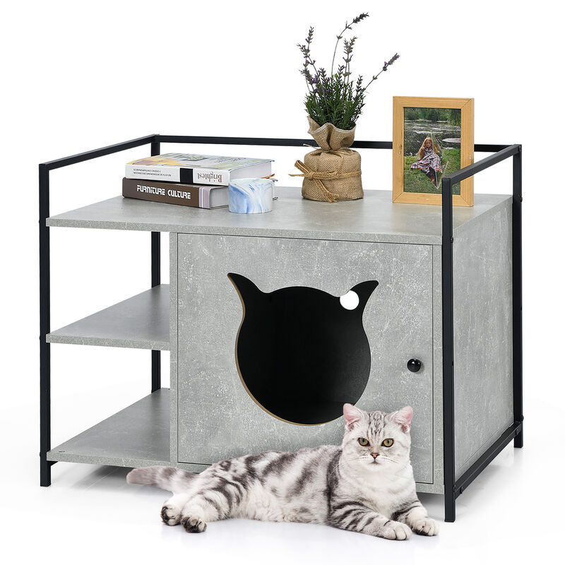 Costway Cat Litter Box  Enclosure Hidden Litter Furniture Cabinet W/ 2-Tier Storage Shelf White