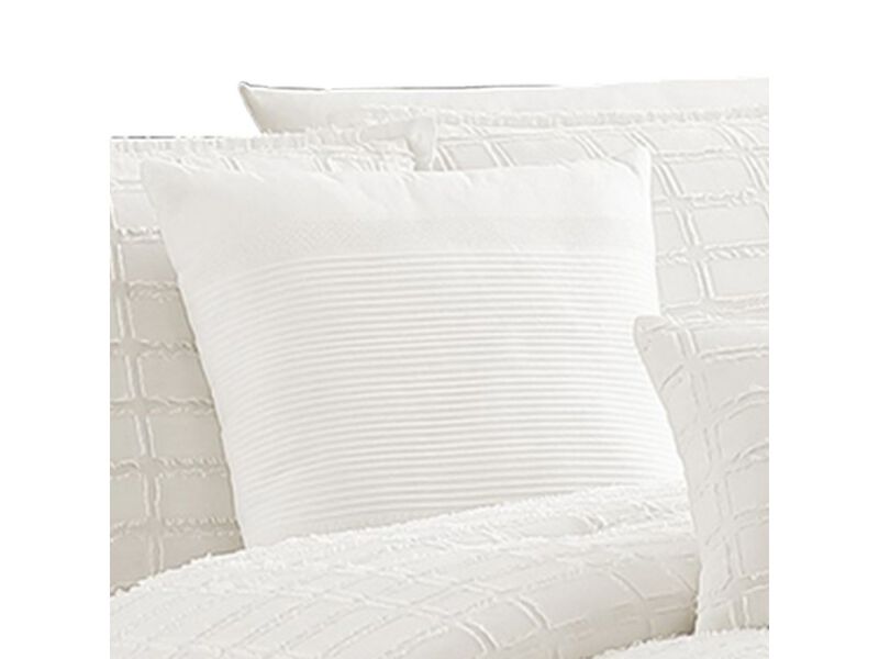 6 Piece Cotton King Comforter Set with Fringe Details, White - Benzara