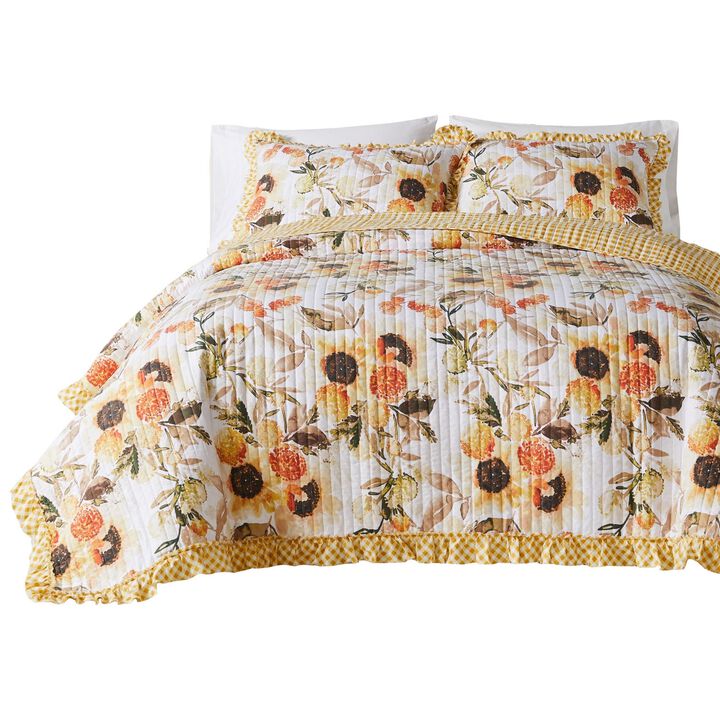 Kelsa 2 Piece Twin Quilt Set with Pillow Sham, Cotton, Ruffled Border, Gold-Benzara