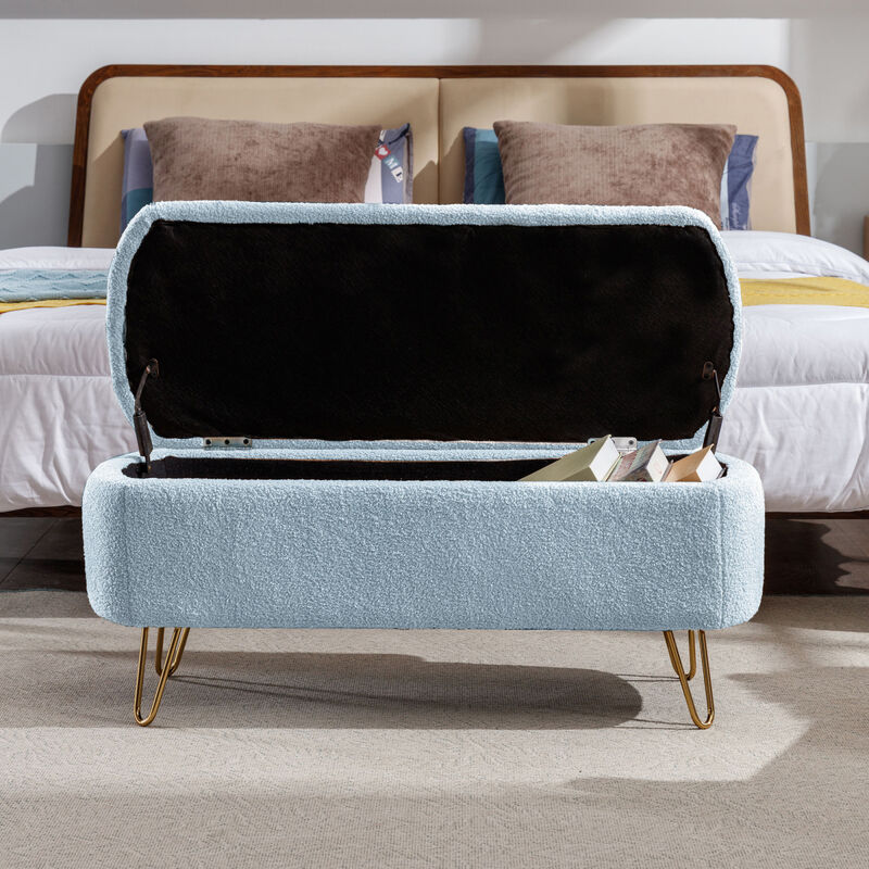 Blue Storage Ottoman Bench for End of Bed Gold Legs, Modern Grey Faux Fur Entryway Bench Upholstered Padded with Storage for Living Room Bedroom