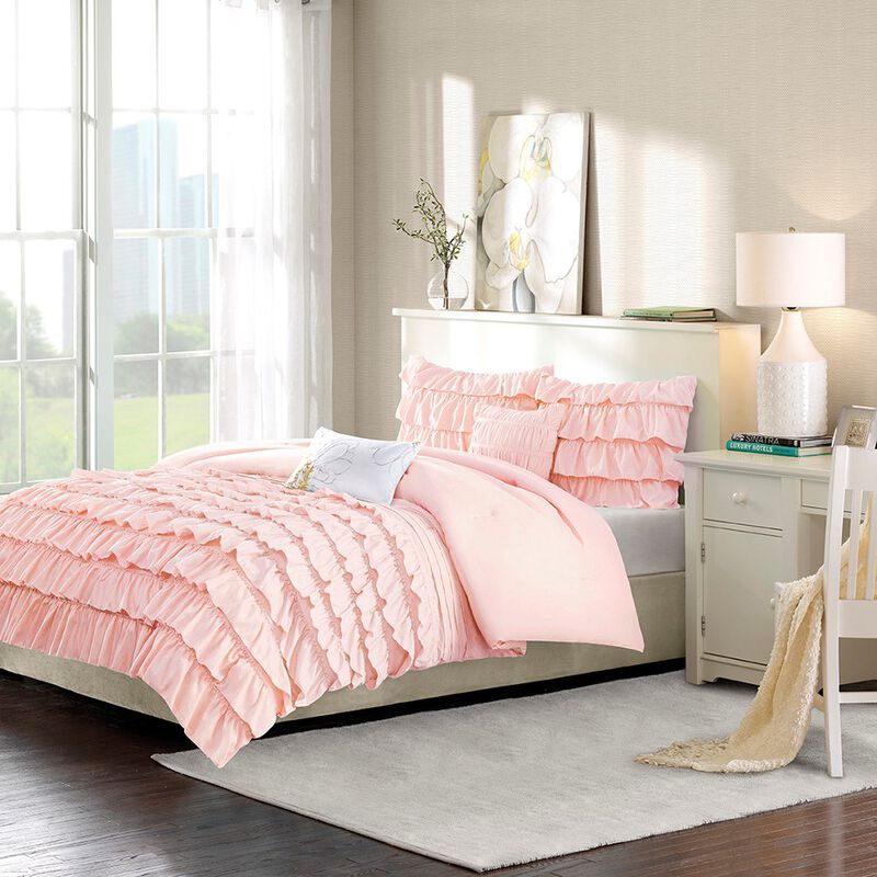 Gracie Mills Ismerie 4-Piece Solid Ruffles Comforter Set