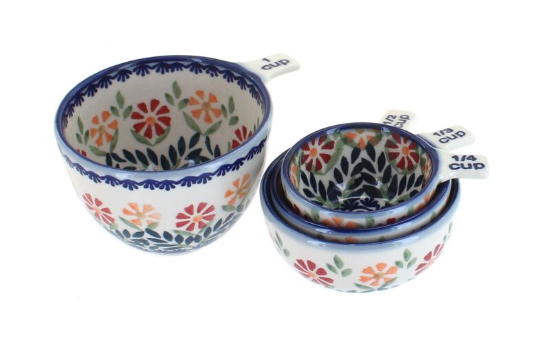 Blue Rose Polish Pottery Red Daisy Measuring Cup Set