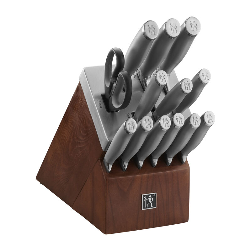 Henckels Modernist 14-pc Self-Sharpening Knife Set with Block, Chef Knife, Paring Knife, Bread Knife, Steak Knife, Dark Brown, Stainless Steel, Walnut