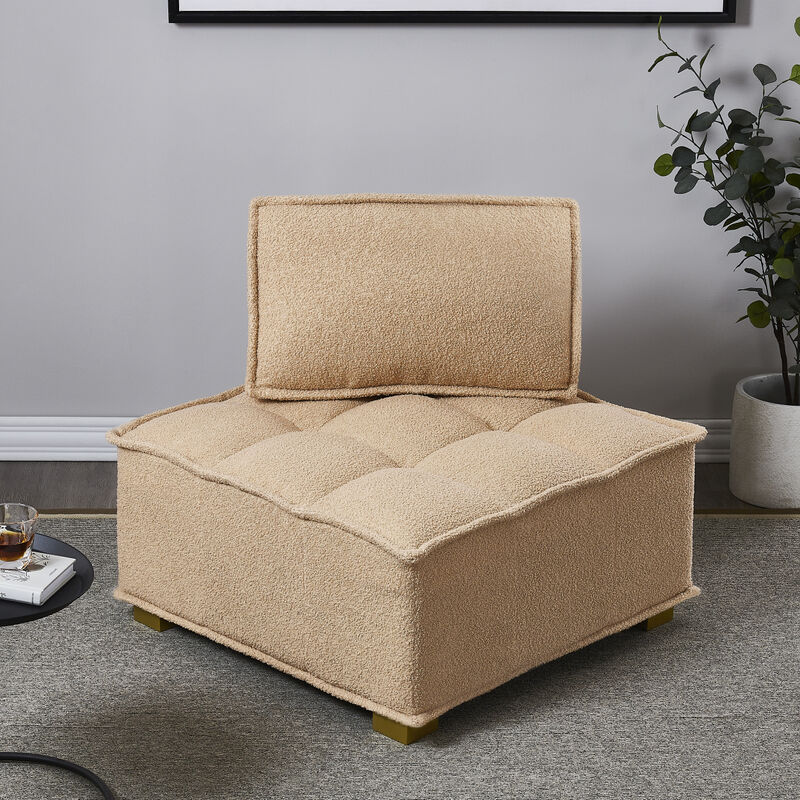 Lazy Sofa Ottoman With Gold Wooden Legs Teddy Fabric (Khaki)